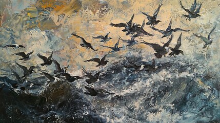 A painting of a flock of birds flying over water