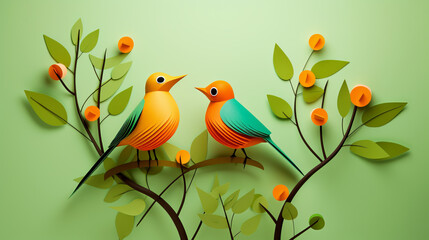 Two birds are perched on a branch of a tree