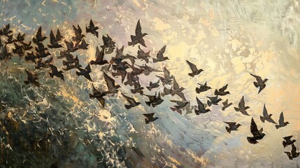 A painting of a flock of birds flying over water