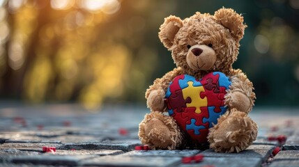 On World Autism Awareness Day the mental health care idea is symbolized by a teddy bear clutching a heart adorned with a puzzle or jigsaw pattern