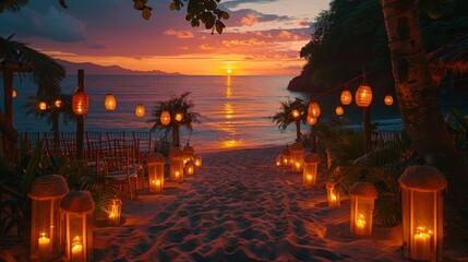 beach wedding decor, bamboo lanterns illuminate sandy aisle at sunset for a tropical beach wedding, creating a magical and intimate atmosphere