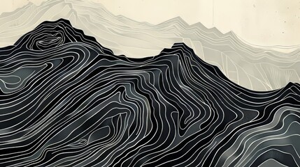 A painting of a mountain range with a lot of white lines