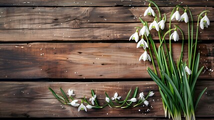 Blooming snowdrop flowers on wooden background