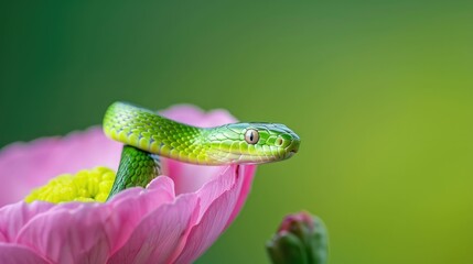 Fototapeta premium Green snake slithering over a pink bloom