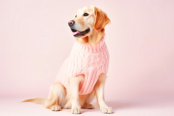 Dog Wearing Pink Sweater Sitting on Pink Background