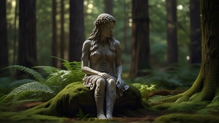 Fototapeta premium Deep in a mystical forest, a female figure stands amidst towering trees adorned with intricate floral patterns. 
