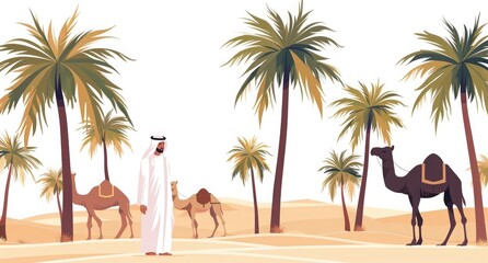 A desert landscape with palm trees and camels, an Arabian man in traditional attire stands between the palms,