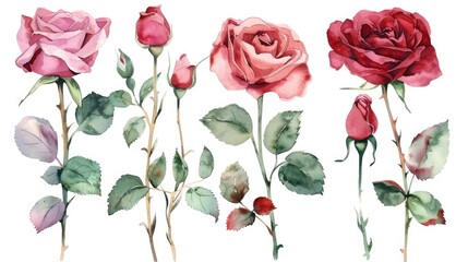 A watercolor illustration featuring a set of red and pink roses on an isolated background