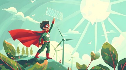 Superhero Harnessing Renewable Energy to Safeguard the Planet in Vibrant