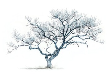 Capture the ethereal elegance of a lone Silver Birch tree from a high-angle view on a pristine white background Emphasize the trees delicate silver bark and intricate branching str