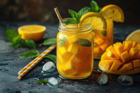 summer beverage recipes, refreshing mango lemonade in a mason jar, topped with mint and lemon twist, perfect for cooling down on a hot day with its tangy flavor