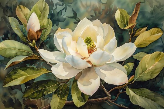 Capture the grandeur of a Southern Magnolia tree in a photorealistic watercolor style