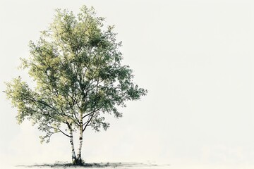 Fototapeta premium Illustrate the serenity of a solitary Silver Birch tree with a top-down perspective against a clean white backdrop Render the trees shimmering leaves and slender trunk in a hyper-r
