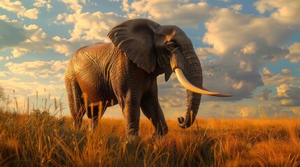 African elephant, 60 years old, large tusks, set in a grassy savanna, clouds in the sky, late afternoon sun casting golden light realistic