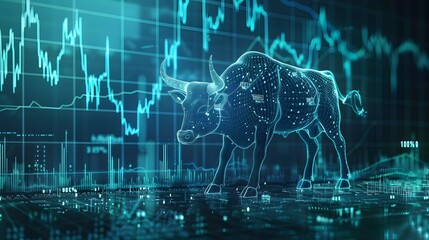 Bull and stock market graph in blue, digital technology and futuristic style
