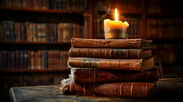 A stack of old books with a candle on top
