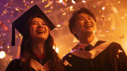 Graduates smiling amidst confetti at a celebratory event