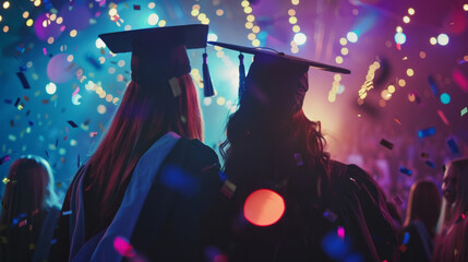 Graduates enjoying a celebratory event with confetti and vibrant lights