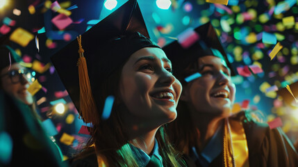 Graduates celebrating with colorful confetti at a joyful event