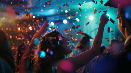 Graduates celebrating with confetti under vibrant lights at a party