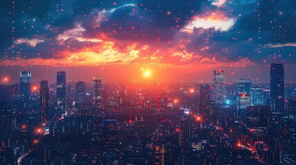 Obraz premium Futuristic cityscape with visible data connections spanning buildings, night, panoramic angle
