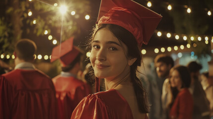 Graduate in red gown smiling at an outdoor celebration with string lights