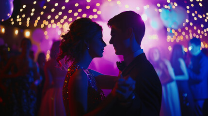 Couple dancing closely at a romantic celebration with string lights and vibrant colors