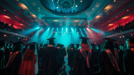 Graduates standing in an auditorium with dramatic lighting during a ceremony