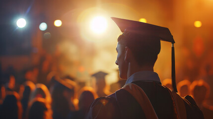 Graduate standing in cap and gown under bright lights at a ceremony