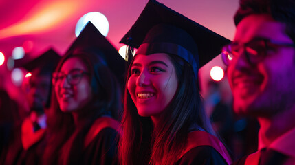 Graduates smiling and celebrating under colorful lights at a party