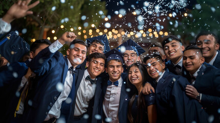 Group of graduates celebrating with confetti and smiles under string lights