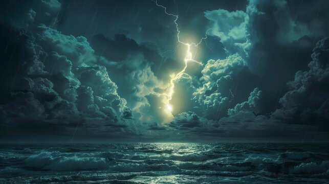 A stormy ocean with a lightning bolt in the sky