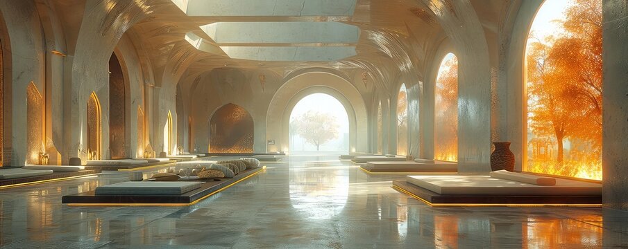 Futuristic interpretation of an Islamic art exhibition, holographic displays, sleek modern setting, side perspective