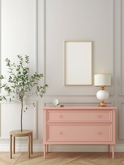 Frame mockup, stylish modern style home room interior background with light pink console chest of drawers