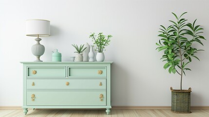 Stylish modern style home room interior background with empty white wall and light green console chest of drawers
