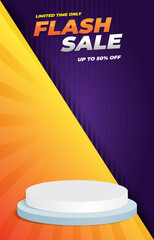 flash sale discount portait template banner with blank space 3d podium for social media feed product sale with abstract gradient purple and yellow background design7