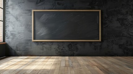 an empty blackboard in a room with black wall realistic