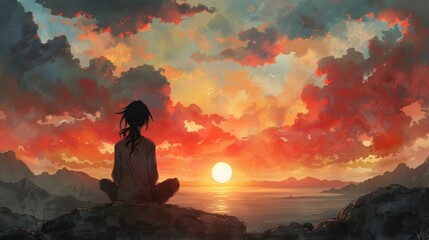 Fototapeta premium Meditative Sunset: Embracing the Tranquil Beauty of Nature