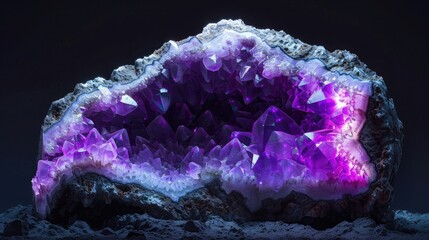 amethyst geode, intricate crystal structure, glowing purple hues, illuminated from behind, highly...