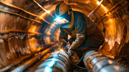 Illustrate an intense moment where a welder in a protective mask is fixing a broken pipeline in an underground construction tunnel