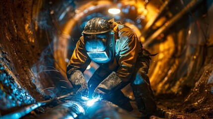 Illustrate an intense moment where a welder in a protective mask is fixing a broken pipeline in an underground construction tunnel