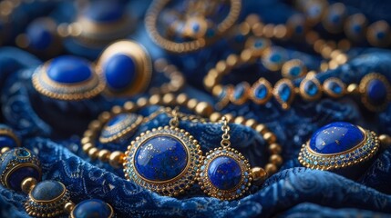 Obraz premium Visualize a banner showcasing a collection of lapis lazuli jewelry, elegantly laid out on a velvet background with room for copy