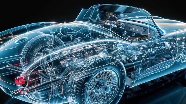 Illustrate an xray view of a roadsters cockpit area, revealing the layout of the dashboard and underlying mechanisms