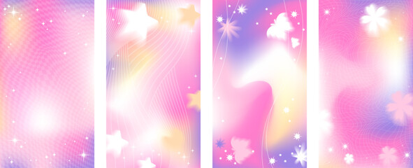 Cute y2k pink anime stories background set. Magic purple yellow glow with butterfly. Stock vector illustration in cartoon blurry style. Romantic fantasy vibe banner. Can be used as wallpaper.