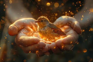 Hands open in prayer with a bird emerging in a burst of light, symbol of hope, closeup