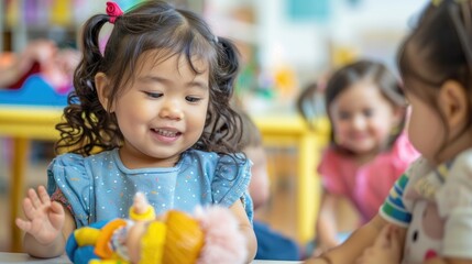 A young child is interacting with her doll in kindergarten amid a group of playful nursery school kids