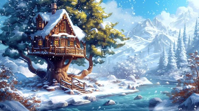 Cozy Treehouse Nestled Among Snow-Covered Trees in a Winter Wonderland
Seamless looping 4k time-lapse virtual video animation background. Generated AI