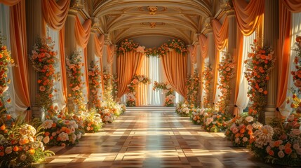 sumptuous wedding venue adorned with chic drapes and lavish flower displays, embodying an extravagant dcor theme for opulent weddings