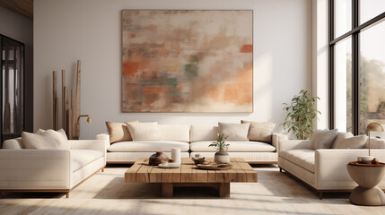 Fototapeta premium Modern Living Space with White Sofas and Colorful Abstract Art