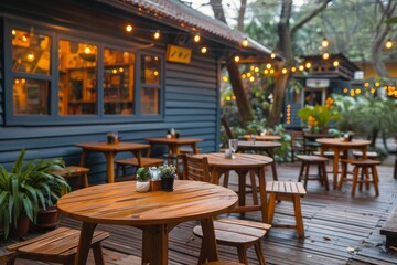 Obraz premium Outdoor Restaurant With Wooden Tables and Chairs
